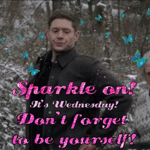 A Man In A Black Jacket Is Standing In The Snow With A Quote That Says `` Sparkle On ! '' GIF