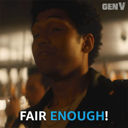 A Man In A Black Jacket Says Fair Enough In Blue Letters GIF