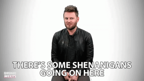 A Man In A Black Jacket Says There 'S Some Shenanigans Going On Here On A White Background GIF