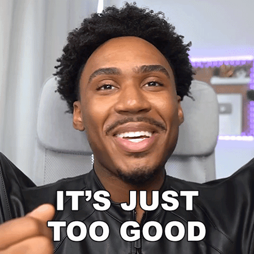 A Man In A Black Leather Jacket Is Smiling And Says It 'S Just Too Good GIF