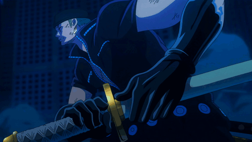 A Man In A Black Outfit Is Holding A Sword With A Blue Light Behind Him GIF