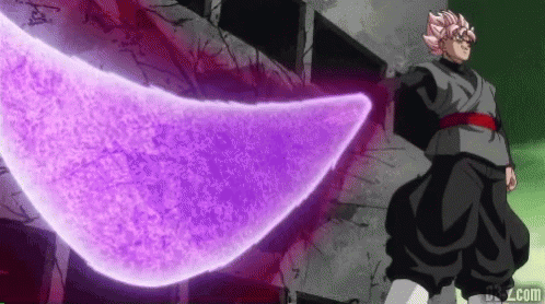 A Man In A Black Outfit Is Standing In Front Of A Building With A Purple Object Coming Out Of It . GIF
