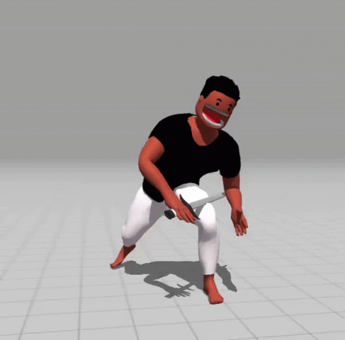 A Man In A Black Shirt And White Pants Is Holding A Knife In His Hand GIF