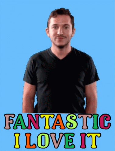 A Man In A Black Shirt Giving A Thumbs Up With Fantastic I Love It Written Below Him GIF