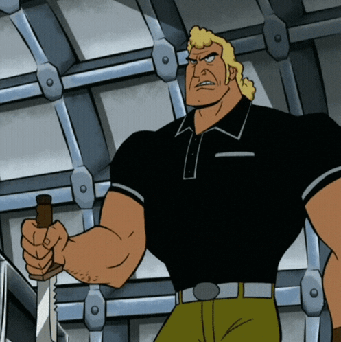 a man in a black shirt is holding a knife in his right hand