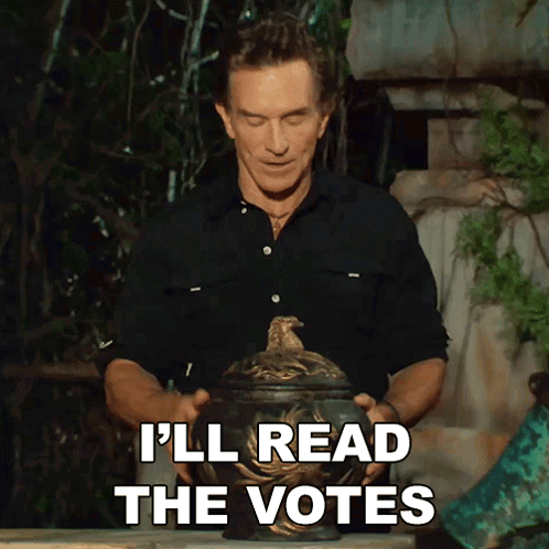 A Man In A Black Shirt Is Holding A Urn And Says I 'Ll Read The Votes GIF