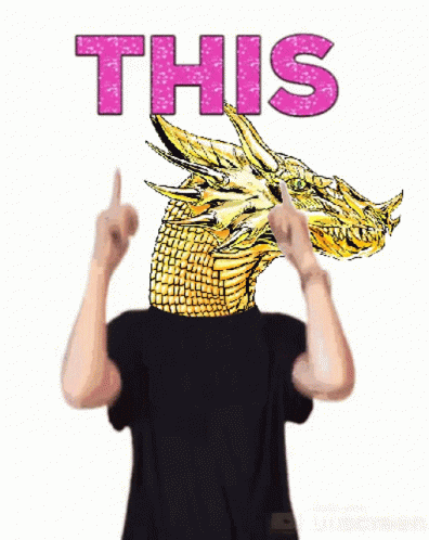 A Man In A Black Shirt Is Holding Up His Fingers In Front Of A Picture Of A Dragon And The Word This GIF