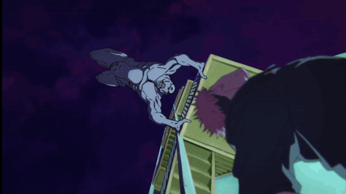 A Man In A Black Shirt Is Leaning On A Railing On A Set Of Stairs GIF