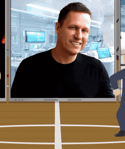 A Man In A Black Shirt Is Smiling In Front Of A Window With A Computer Monitor That Says ' 00 ' On It GIF