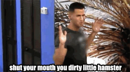 A Man In A Black Shirt Is Standing In Front Of A Blue Door And Says `` Shut Your Mouth You Dirty Little Hamster '' . GIF