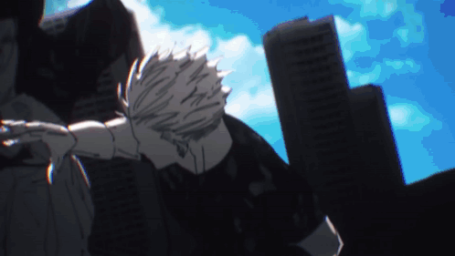 A Man In A Black Shirt Is Standing In Front Of A Blue Sky And Buildings . GIF