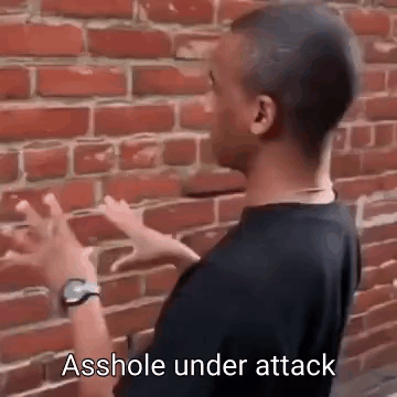 A Man In A Black Shirt Is Standing In Front Of A Brick Wall . GIF