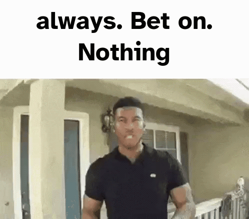 a man in a black shirt is standing in front of a house with the words `` always bet on nothing '' above him .