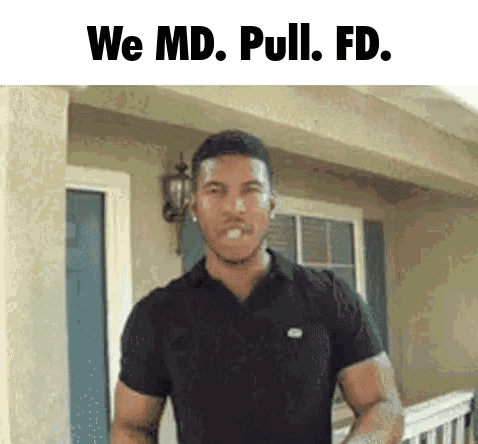A Man In A Black Shirt Is Standing In Front Of A House With The Words We Md Pull Fd Written Above Him . GIF