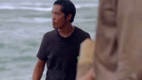 A Man In A Black Shirt Is Standing On The Beach Looking At The Ocean . GIF