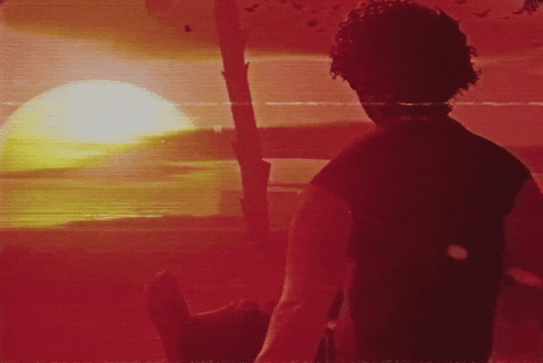 A Man In A Black Shirt Stands In Front Of A Red Sunset GIF