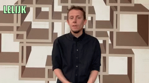 A Man In A Black Shirt Stands In Front Of A Wall That Has The Word Lelijk On It GIF