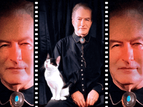 A Man In A Black Shirt With A Turquoise Pendant Sits Next To A White Cat GIF