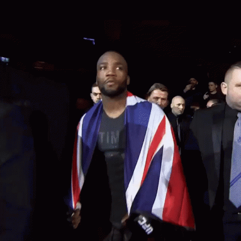 A Man In A Black Shirt With The Word Reebok On It Is Holding A Flag GIF