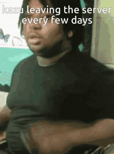 A Man In A Black Shirt With The Words Kazu Leaving The Server Every Few Days GIF