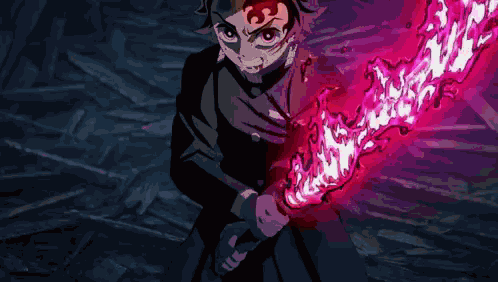 A Man In A Black Suit Is Holding A Red And White Sword With Flames Coming Out Of It . GIF