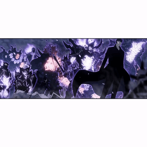 a man in a black suit stands in front of a purple and pink monster
