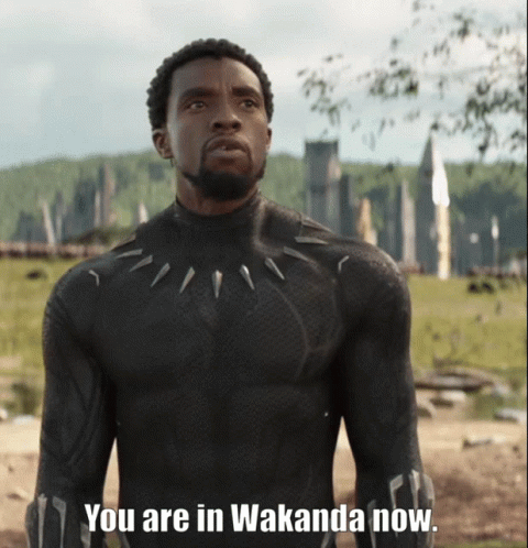 A Man In A Black Suit With The Words You Are In Wakanda Now GIF