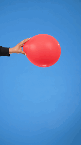 A Man In A Black Sweater Holds A Red Balloon In Front Of A Blue Background GIF
