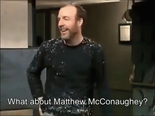 a man in a black sweater is talking about matthew mcconaughey .