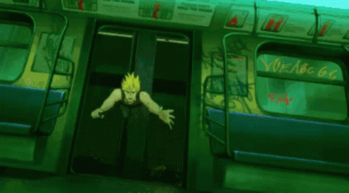 A Man In A Black Tank Top Is Kneeling Down In Front Of A Subway Car With A Sign That Says No Abc 66 GIF