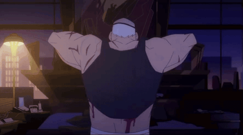 A Man In A Black Tank Top Is Standing With His Arms Outstretched In A Dark Room GIF