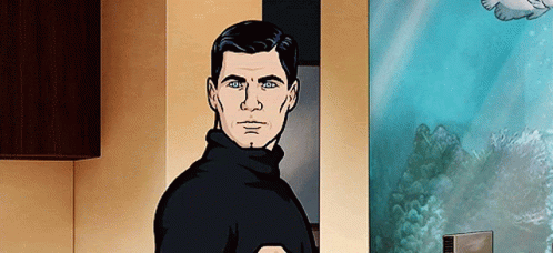 A Man In A Black Turtleneck Is Standing In Front Of A Painting GIF