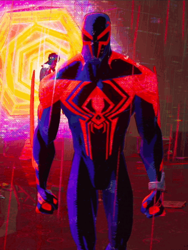 A Man In A Blue And Red Spiderman Costume GIF