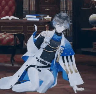 A Man In A Blue And White Coat Is Kneeling Down In A Room . GIF