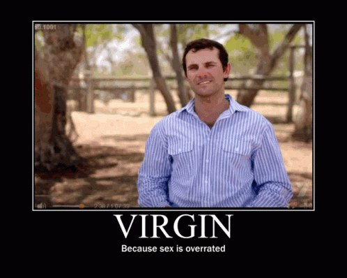 A Man In A Blue And White Striped Shirt Is On A Demotivational Poster That Says Virgin GIF