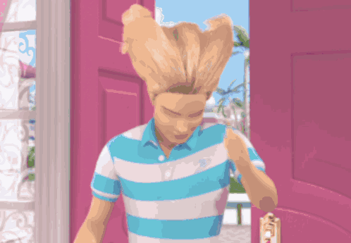 A Man In A Blue And White Striped Shirt Is Standing In A Pink Doorway GIF