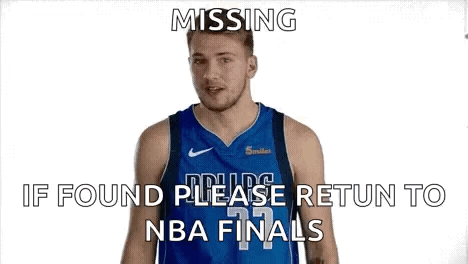 A Man In A Blue Basketball Jersey Is Making A Funny Face And Asking If Found Please Return To Nba Finals . GIF