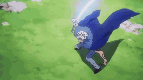 A Man In A Blue Cape Is Holding A Sword In His Hand While Flying Through The Air . GIF