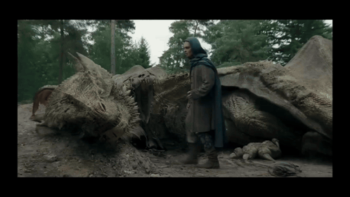 A Man In A Blue Cape Stands Next To A Dead Dragon In The Dirt GIF