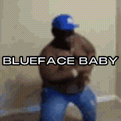A Man In A Blue Hat Is Dancing With The Words Blueface Baby Below Him . GIF