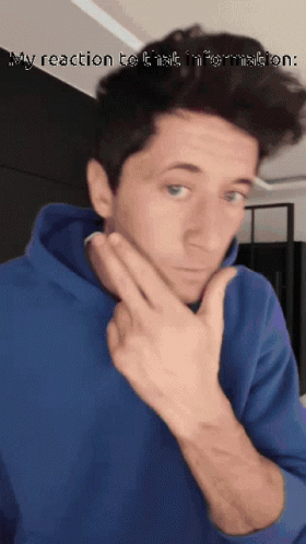 A Man In A Blue Hoodie Has His Hand On His Chin And The Words " My Reaction To I Ask Information " Below Him GIF
