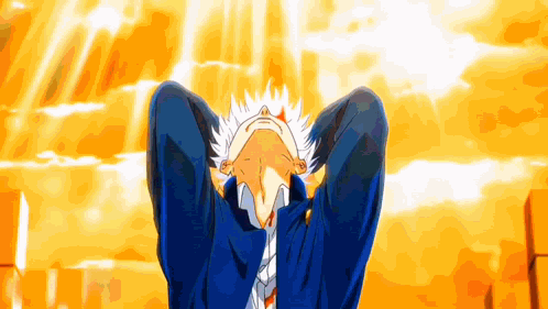 A Man In A Blue Jacket And Tie Is Looking Up At The Sky With His Hands Behind His Head GIF
