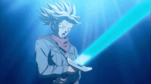 A Man In A Blue Jacket Is Holding A Sword In His Hand . GIF
