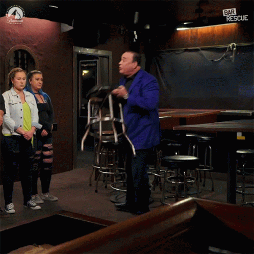 Man In Blue Jacket Throws Chair Bar Rescue GIF