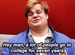 A Man In A Blue Jacket Says Hey Man A Lot Of People Go To College For Seven Years . GIF