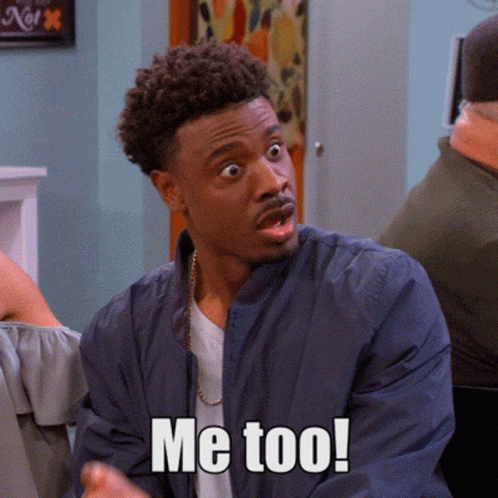 A Man In A Blue Jacket Says Me Too In White Letters GIF