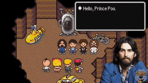 a man in a blue jacket stands in front of a video game screen that says " hello prince poo "