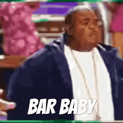 A Man In A Blue Jacket With The Word Bar Baby On The Bottom GIF