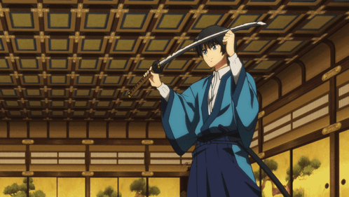 A Man In A Blue Kimono Is Holding A Sword In A Room GIF