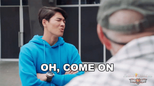A Man In A Blue Power Rangers Sweatshirt Says Oh Come On GIF